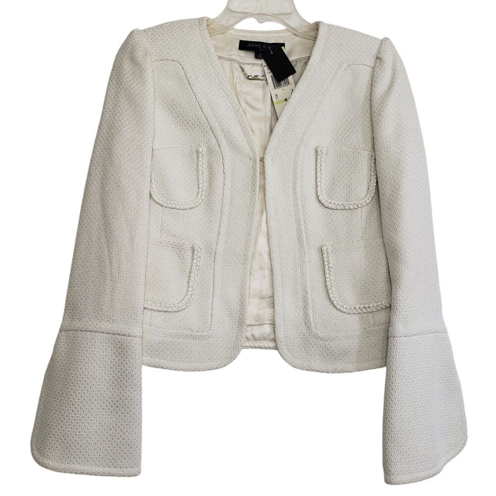 NEW Anne Klein Lined White Blazer with Long Arms and Bell Sleeves, Size 4